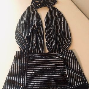Women Black White Striped Swimsuit Size L